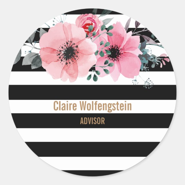 Moderne Streifen floral Runder Aufkleber (Vorderseite)