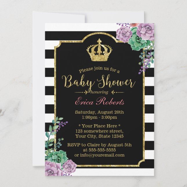 Moderne Streifen Gold Crown Floral Baby Dusche Einladung (Vorderseite)