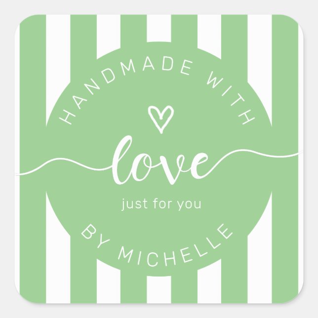 moderne Streifen handgefertigt mit Liebe Monogramm Quadratischer Aufkleber (Vorderseite)