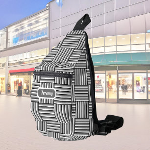 Moderne Streifen in Schwarz, Weiß und Grau - kunde Crossbody Bag