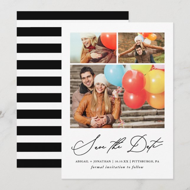 Moderne Streifen mit drei Fotos, handschriftlich Save The Date (Vorne/Hinten)