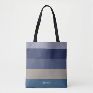 Moderne Streifen mit Monogramm in Blautönen Tasche