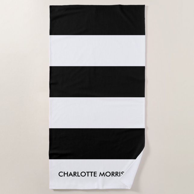 Moderne Streifen Schwarz-Weiß-Bezeichnung Monogram Strandtuch (Vorderseite)