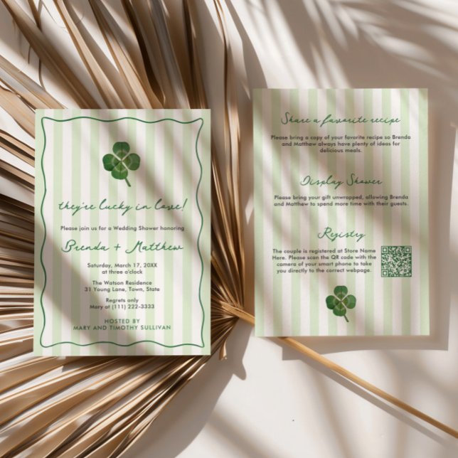 Moderne Streifen St. Patrick Couples Hochzeitsdusc Einladung (Lucky In Love St Patricks Day wedding shower invitations with modern stripes and squiggle border)