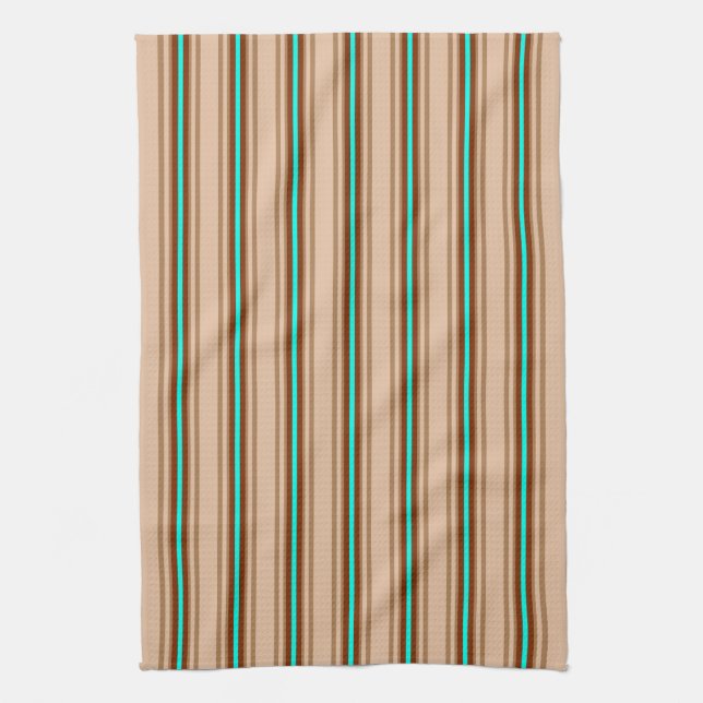 Moderne Streifen, Tan. Braun und Aqua Geschirrtuch (Vertikal)