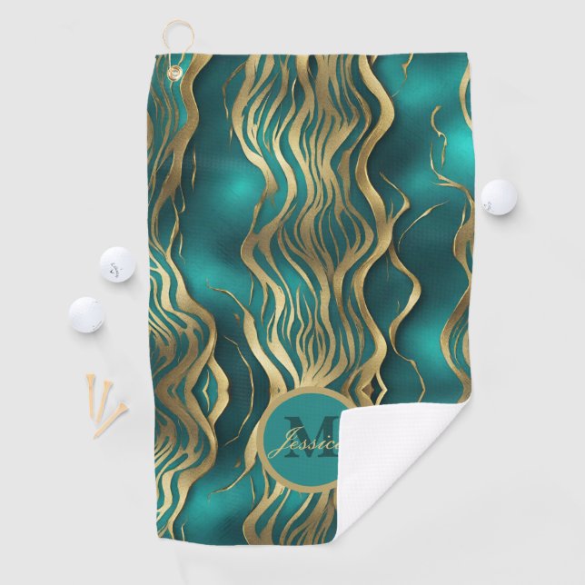 Moderne Streifen Türkisch Aquamarin Blau Personali Golfhandtuch (Insitu)