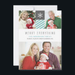 Moderne Streifen vergnügen alles Urlaubsfotokarte Feiertagskarte<br><div class="desc">Modernes, minimalistisches Weihnachtsfest "Merry Everything" - Weihnachtskarten mit nicht traditionellen hellblauen und weißen Streifen und Schneeflocke auf grau. Die klassische, zeitgenössische Fotovorlage enthält 3 Bilder. Einfache, aber elegante Typografie im modernen Stil in hellgrau legt den Schwerpunkt auf Ihre Fotos und nicht auf das Design. Fügen Sie einfach Ihre Lieblings-Fotos oder...</div>