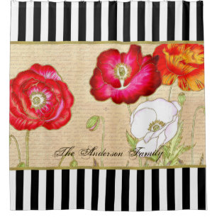 Moderne Streifen Vintage rote Mohnblumen Floral un Duschvorhang