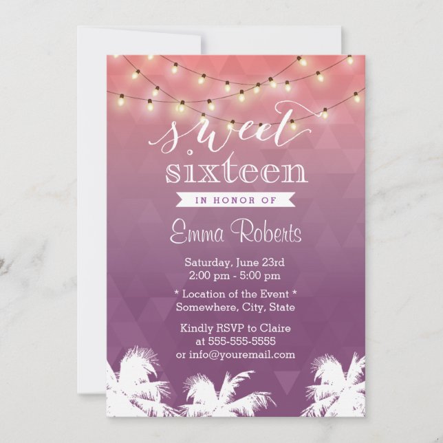 Moderne String Lights & Palm Trees Sweet 16 Einladung (Vorderseite)
