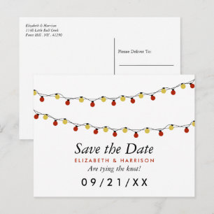Moderne String Lights, Red & Gold Save the Date Ankündigungspostkarte