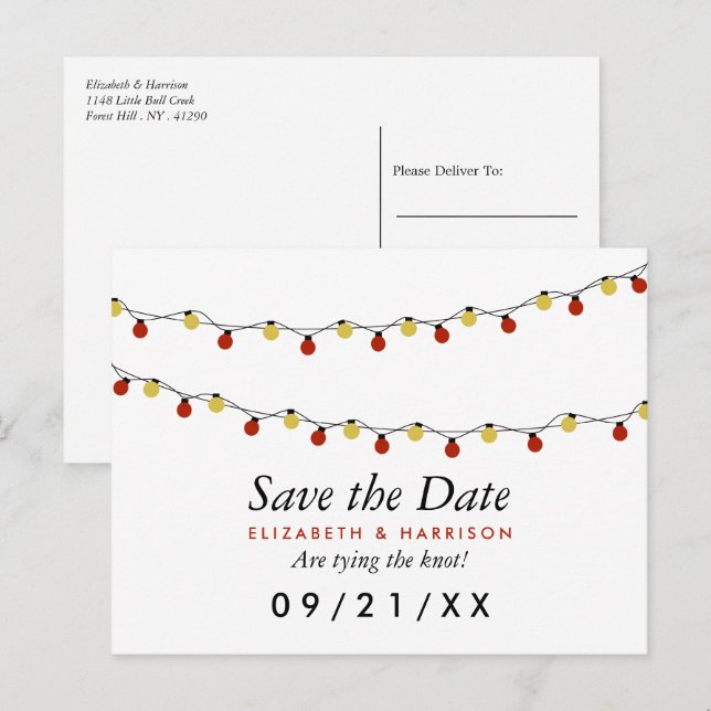 Moderne String Lights, Red & Gold Save the Date Ankündigungspostkarte (Vorne/Hinten)