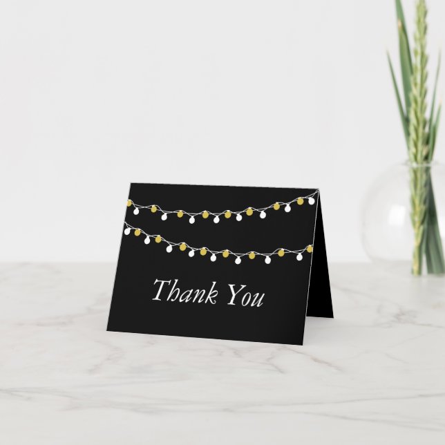 Moderne String Lights, White & Gold Wedding Dankeskarte (Vorderseite)