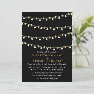 Moderne String Lights, White & Gold Wedding Einladung