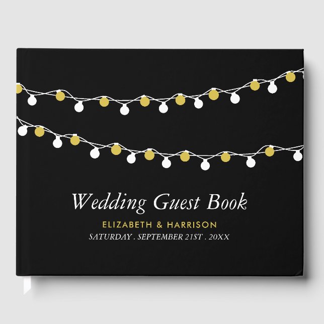 Moderne String Lights, White & Gold Wedding Gästebuch (Vorderseite)