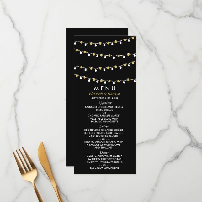 Moderne String Lights, White & Gold Wedding Menükarte (Vorderseite/Rückseite Beispiel)