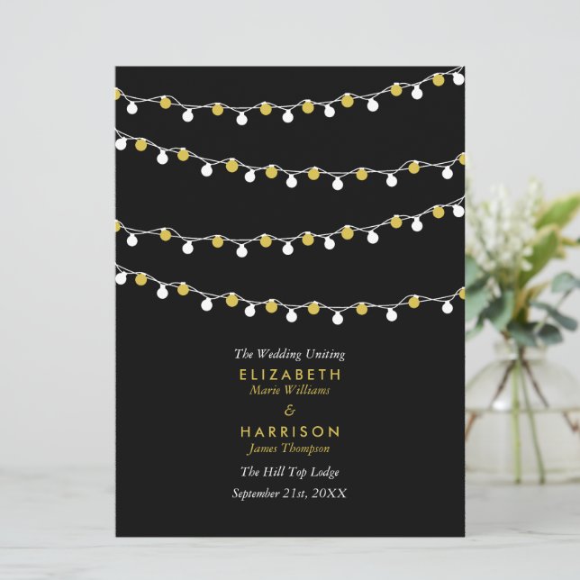 Moderne String Lights, White & Gold Wedding Programm (Stehend Vorderseite)