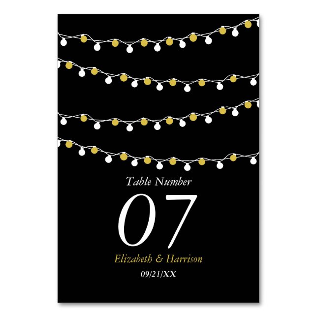 Moderne String Lights, White & Gold Wedding Tischnummer (Vorderseite)