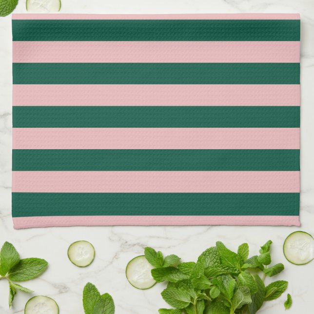 Moderne Strip Holiday Green & Pink Geschirrtuch (Gefaltet)