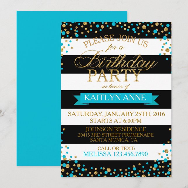 Moderne Stripe Turquoise Gold Glitzer Dots Geburts Einladung (Vorne/Hinten)
