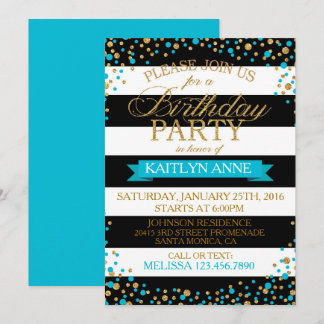 Moderne Stripe Turquoise Gold Glitzer Dots Geburts Einladung