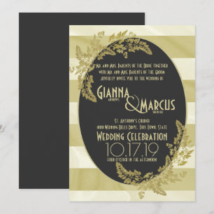 Moderne Stripe und Golden Leaf Hochzeit Einladung