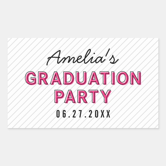 Moderne Stripes Pink Graduation Party Rechteckiger Aufkleber (Vorderseite)
