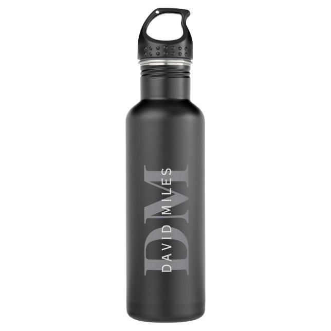 Moderne, stylische dunkelgraue Monogramm und Name Edelstahlflasche (Vorderseite)
