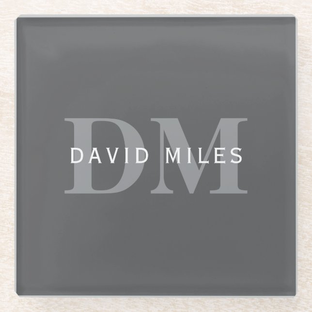 Moderne, stylische dunkelgraue Monogramm und Name Glasuntersetzer (Vorderseite)