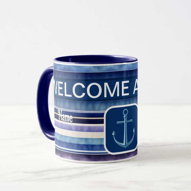 Moderne Summer Navy Blue Boat Stripes Collection Tasse (Vorderseite Links)