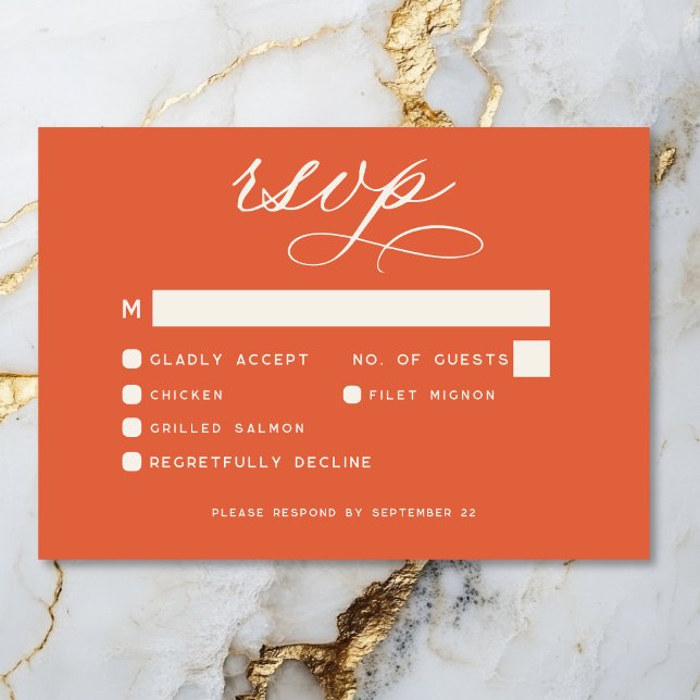 Moderne Sunset Orange Script Minimal Wedding RSVP Karte (Modern Sunset Orange Script Minimal Wedding RSVP Card)