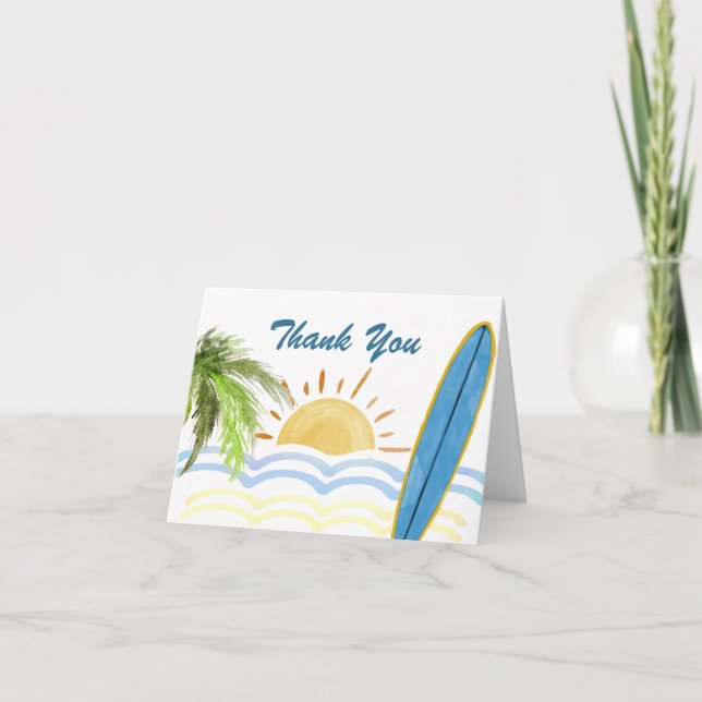 Moderne Sunshine Tropical Surfing Baby Dusche Dankeskarte (Vorderseite)