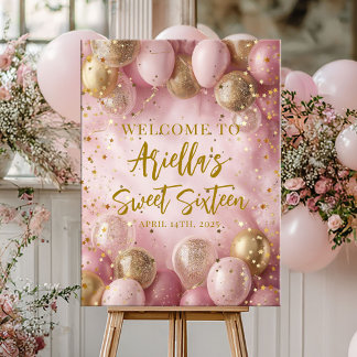 Moderne süße 16 rosa goldene Ballons Willkommen Poster
