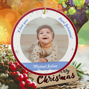Moderne süße 2 Fotos Baby Junge Erstes Weihnachten Keramik Ornament
