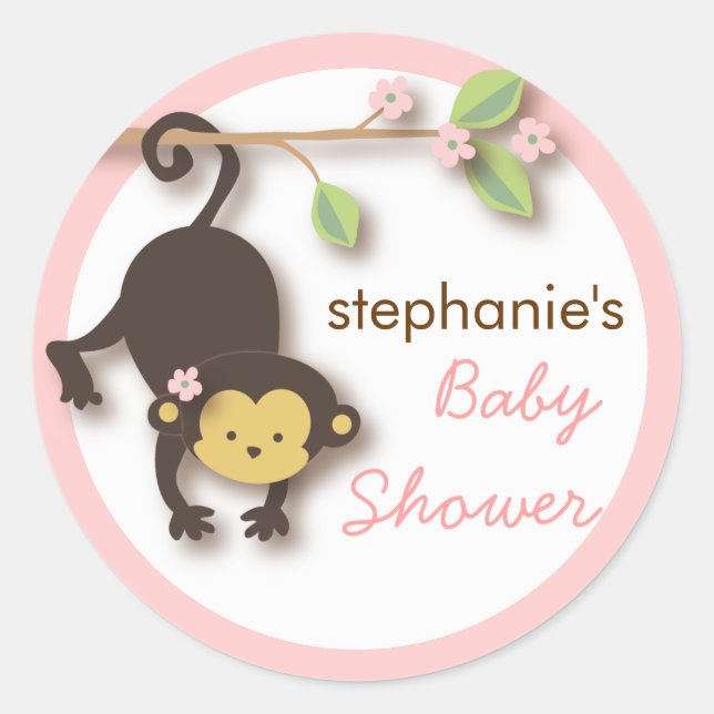Moderne süße Girl-Babydusche von Affen in Rosa Runder Aufkleber (Vorderseite)