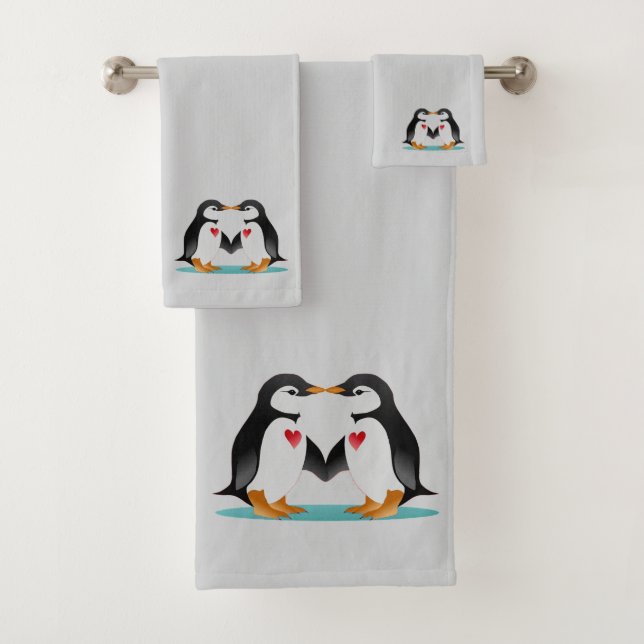 Moderne süße Pinguin-Paar auf Hellgrau Badhandtuch Set (Insitu)