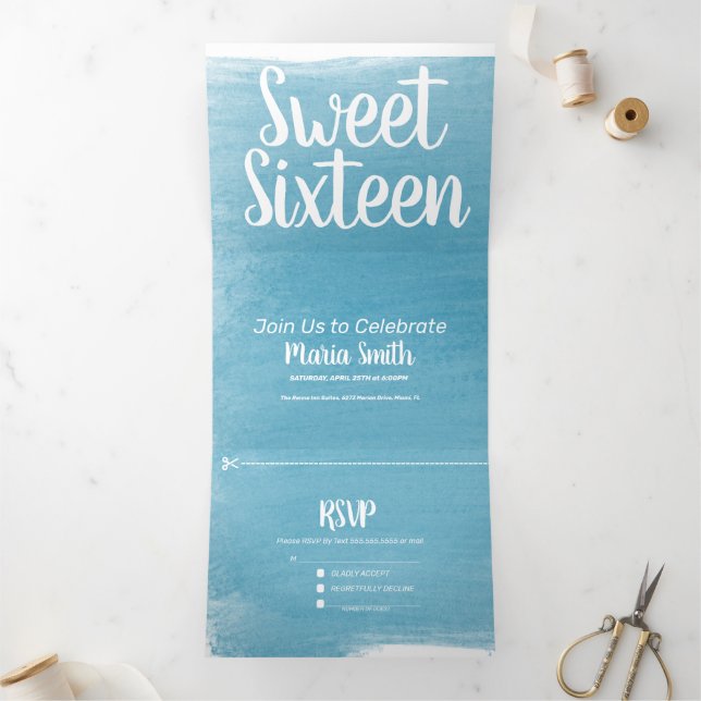 Moderne Sweet 16 Aquarellstriche Fotografie Dreifach Gefaltete Einladung (Innenseite)