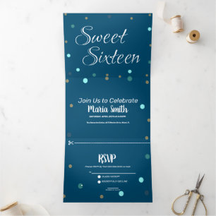 Moderne Sweet 16 Gold Blau Punkte Dreifach Gefaltete Einladung