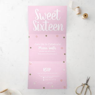Moderne Sweet 16 Gold Rosa Punkte Dreifach Gefaltete Einladung