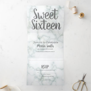 Moderne Sweet 16 Marmor und Grau Dreifach Gefaltete Einladung