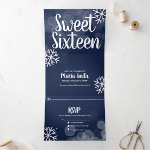 Moderne Sweet 16 verstreute Schneeflocken Bokeh Li Dreifach Gefaltete Einladung