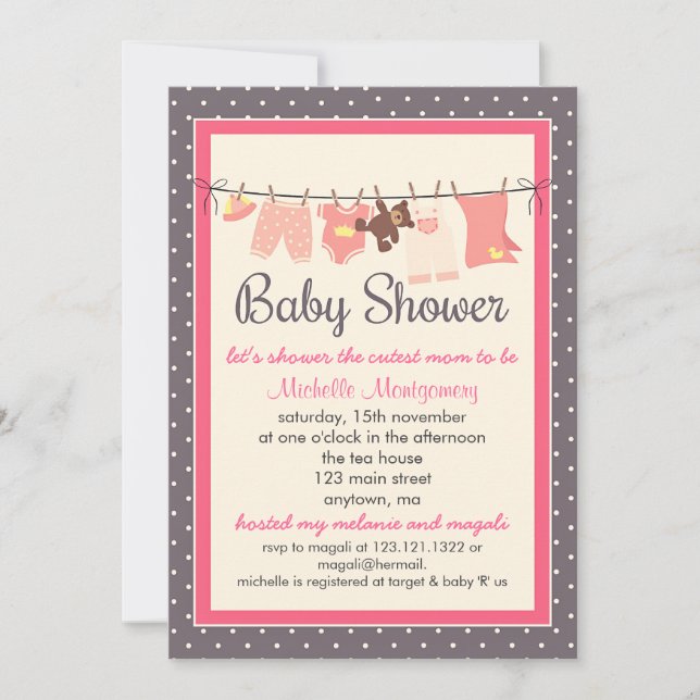 Moderne Sweet Baby Clothes Line Girl Baby Dusche Einladung (Vorderseite)