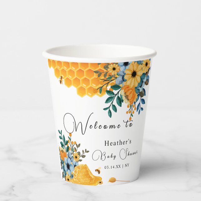 Moderne Sweet Honey Bee Floral Baby Dusche Willkom Pappbecher (Vorderseite)