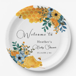 Moderne Sweet Honey Bee Floral Baby Dusche Willkom Pappteller