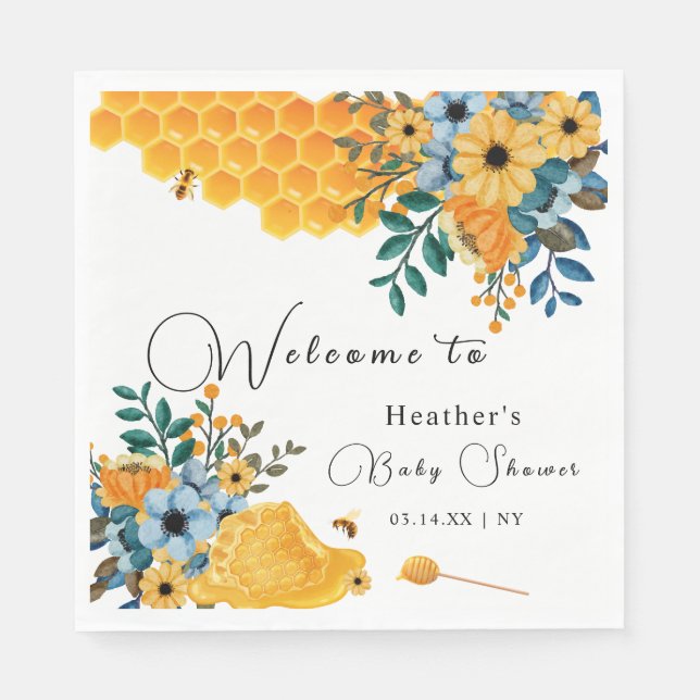 Moderne Sweet Honey Bee Floral Baby Dusche Willkom Serviette (Vorderseite)