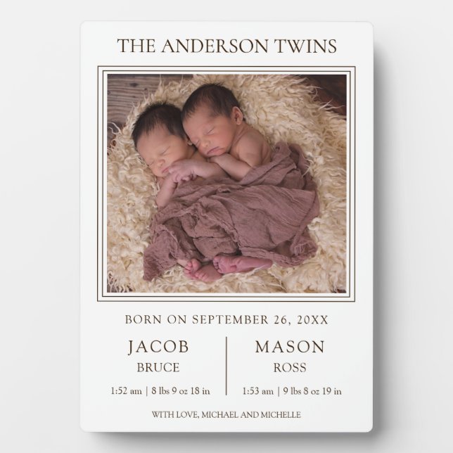 Moderne Sweet Twins Foto Geburtserklärung Fotoplatte (Vorderseite)