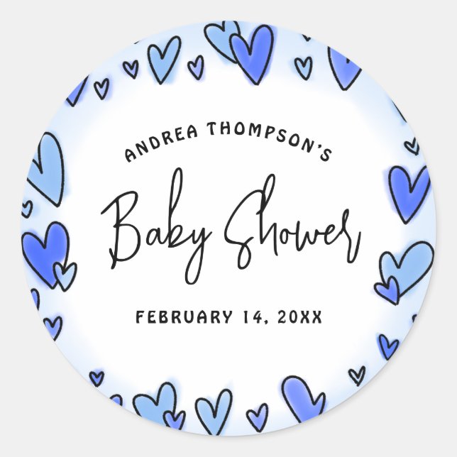 Moderne Sweet Valentine Blue Hearts Baby Dusche Runder Aufkleber (Vorderseite)