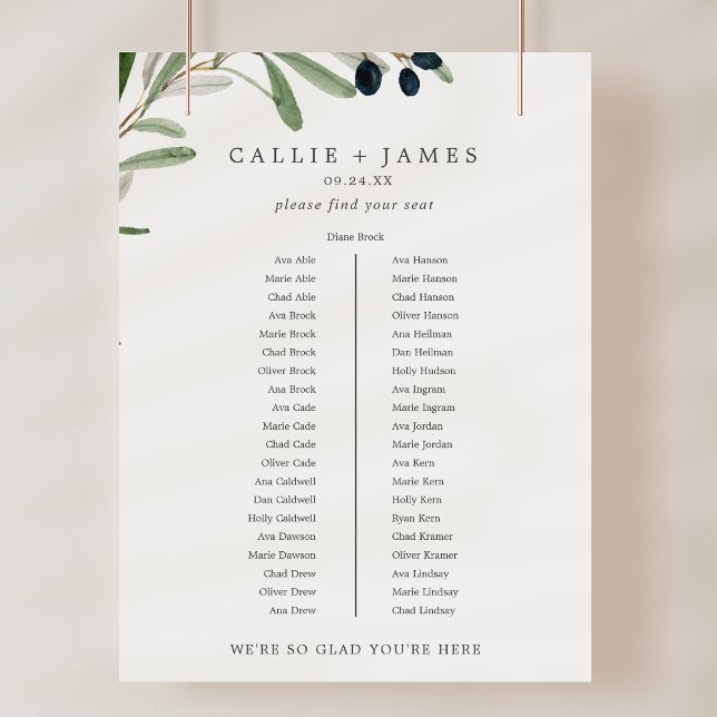 Moderne Tafelübersicht für Olivenbäume Poster (Modern Olive Banquet Table Wedding Seating Chart)