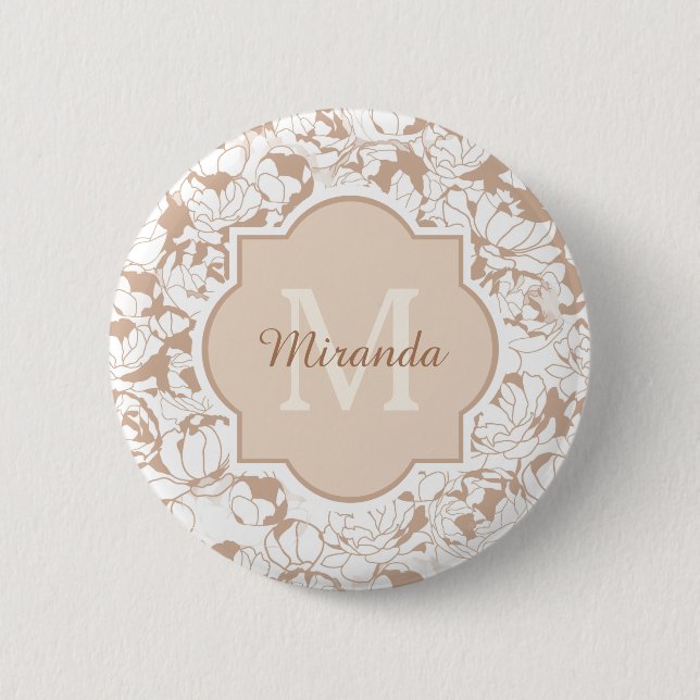 Moderne Tan Floral Girl Monogramm mit Namen Button (Vorderseite)