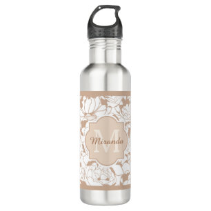 Moderne Tan Floral Girl Monogramm mit Namen Edelstahlflasche