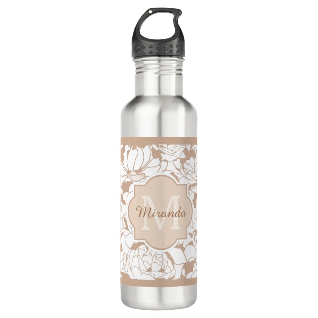Moderne Tan Floral Girl Monogramm mit Namen Edelstahlflasche (Vorderseite)